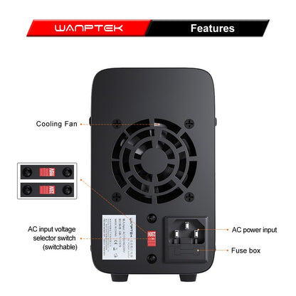 WANPTEK WPS1203 Programmable Regulated DC Power Supply, 120V 3A, Encoder Adjustment, USB Fast Charge, Intelligent Temperature Control, 4-Digit Display, Low Ripple, Low Noise Black - EU Plug