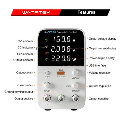 WANPTEK WPS1602 Programmable Regulated DC Power Supply, 160V 2A, Encoder Adjustment, USB Fast Charge, Intelligent Temperature Control, 4-Digit Display, Low Ripple, Low Noise White - UK Plug
