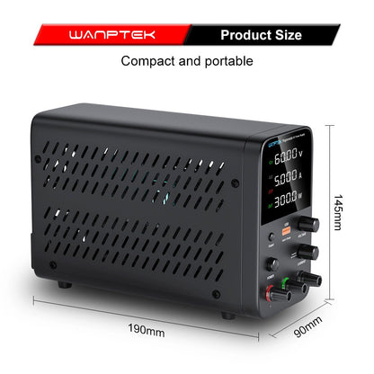WANPTEK WPS605 Programmable Regulated DC Power Supply, 60V 5A, Encoder Adjustment, USB Fast Charge, Intelligent Temperature Control, 4-Digit Display, Low Ripple, Low Noise Black - UK Plug
