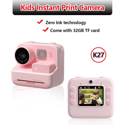WOWKIDS K27 Kids Instant Print Camera, 48MP Front &amp; Rear Dual Cameras, 1080P Resolution, 4 Filters, 32GB TF Card, 1400mAh Battery - Pink