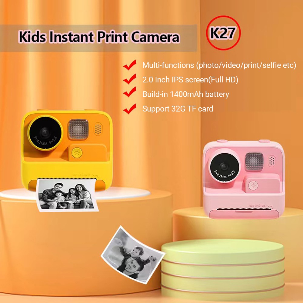 WOWKIDS K27 Kids Instant Print Camera, 48MP Front &amp; Rear Dual Cameras, 1080P Resolution, 4 Filters, 32GB TF Card, 1400mAh Battery - Pink