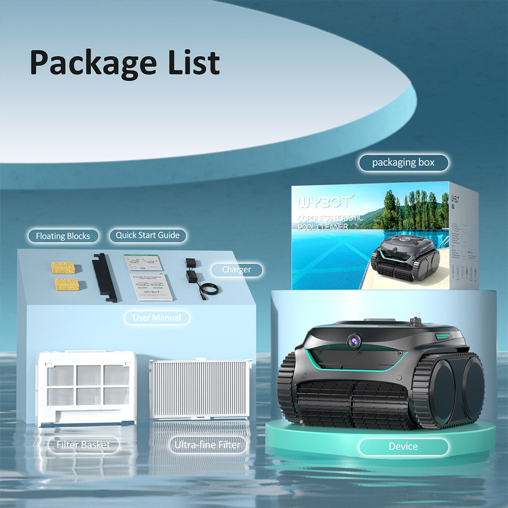 WYBOT C2 Vision Cordless Pool Robot Vacuum, Debris Detection with AI Camera, 8-in-1 Master Cleaning, Two-Layer Filtration, Brushless Motors for Powerful Suction, for Pools up to 1940Sq.ft, Black Green