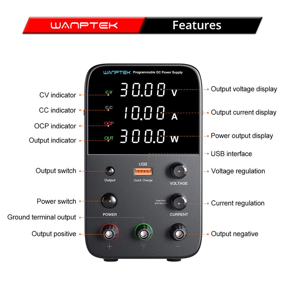 WANPTEK WPS3010 Programmable Regulated DC Power Supply, 30V 10A, Encoder Adjustment, USB Fast Charge, Intelligent Temperature Control, 4-Digit Display, Low Ripple, Low Noise Black - US Plug
