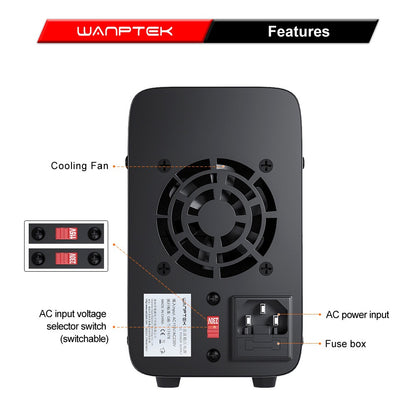 WANPTEK WPS305 Programmable Regulated DC Power Supply, 30V 5A, Encoder Adjustment, USB Fast Charge, Intelligent Temperature Control, 4-Digit Display, Low Ripple, Low Noise Black - EU Plug