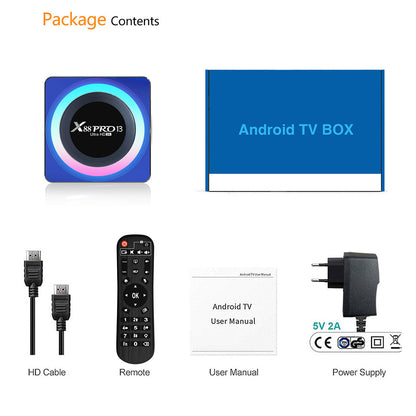 X88 Pro 13 Android 13 TV Box, RK3528 Quad-core, 2GB RAM 16GB ROM, Support 8K Video Decoding, Bluetooth 5.0, WiFi 6, 1*USB3.0, 1*USB2.0, 1*HDMI, 1*RJ451, 1*Micro SD Card