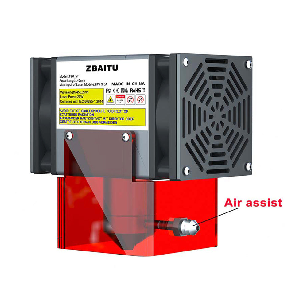 ZBAITU F20-VF 20W Laser Module, Air Assist, Fixed-focus, 0.08x0.08mm Spot, 0.01mm Accuracy, Dual Fans