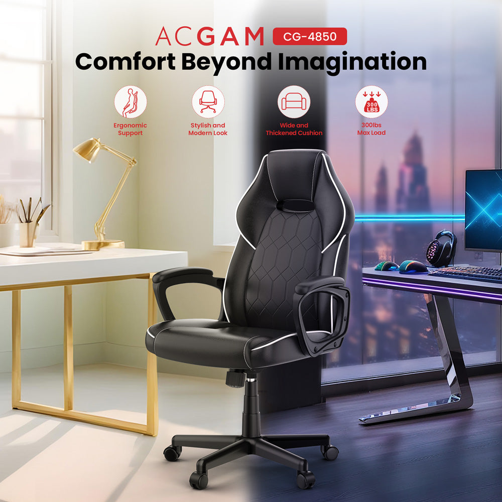 ACGAM CG-4850 Gaming-Bürostuhl, Standardausführung, ergonomisches Design, flexible Neigungsspannung und Höhenverstellung, hochwertiges PVC-Leder, elegante gepolsterte Armlehnen, 360° leichtgängige Drehfunktion