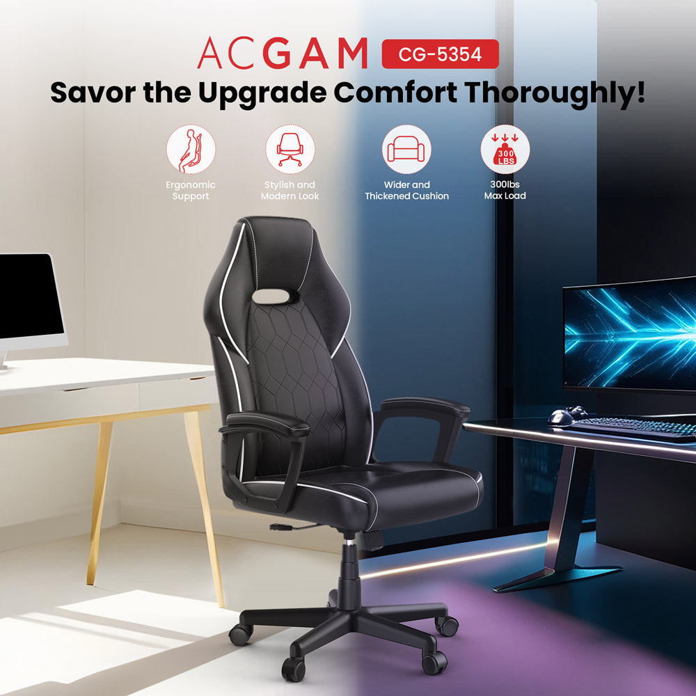 ACGAM CG-5354 Gaming-Bürostuhl XL-Version, ergonomisches Design, flexible Neigungsspannung und Höhenverstellung, hochwertiges PVC-Leder, elegante gepolsterte Armlehnen, 360° leichtgängige Drehfunktion