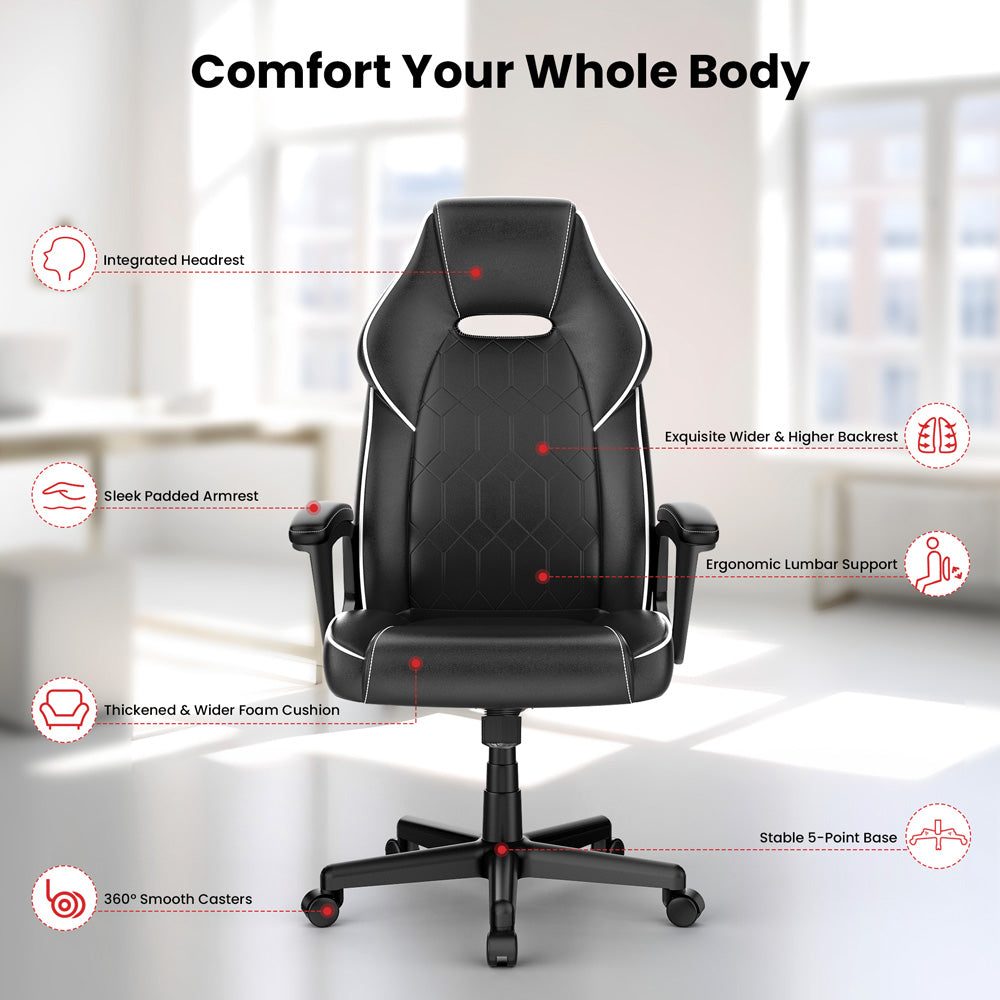 ACGAM CG-5354 Gaming-Bürostuhl XL-Version, ergonomisches Design, flexible Neigungsspannung und Höhenverstellung, hochwertiges PVC-Leder, elegante gepolsterte Armlehnen, 360° leichtgängige Drehfunktion