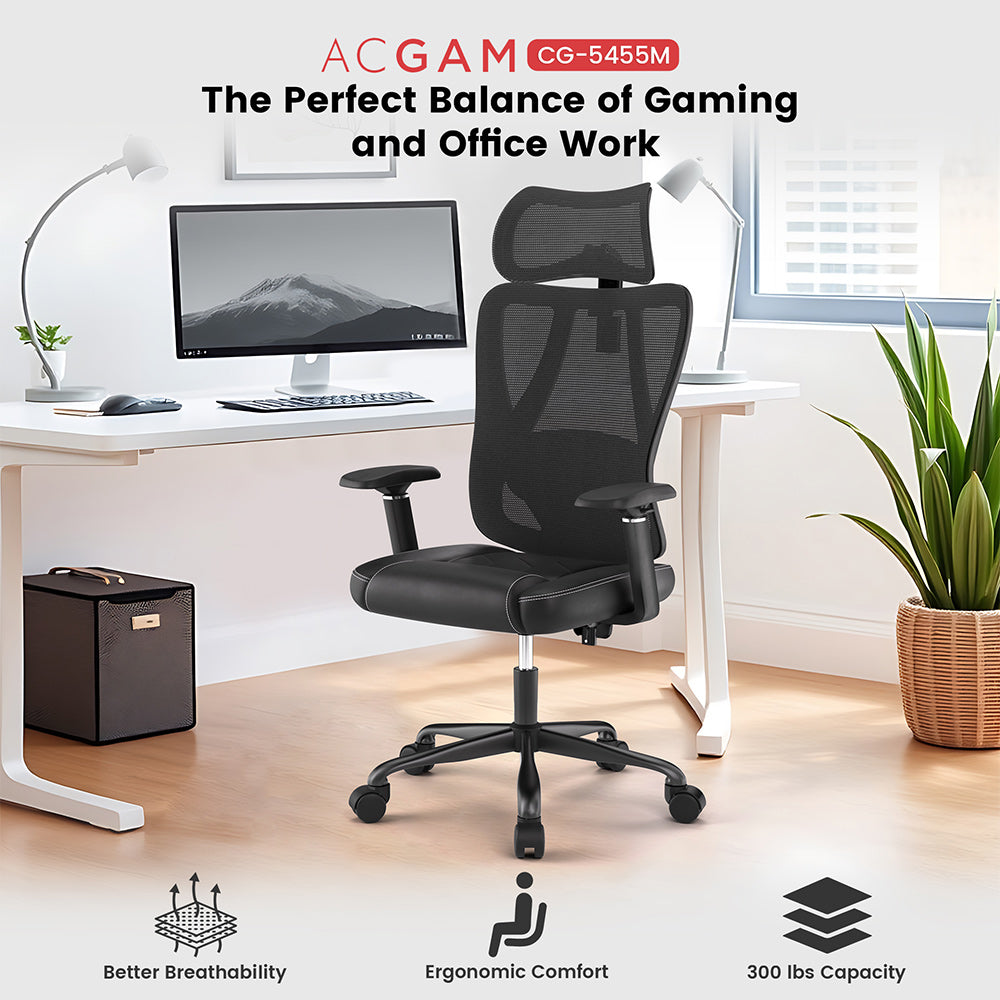 ACGAM CG-5455M Ergonomischer Gaming-Bürostuhl, PVC-Sitzkissen, verstellbare Armlehnen und Kopfstütze, 4D-Lendenwirbelstütze, synchronisierte Rückenlehne