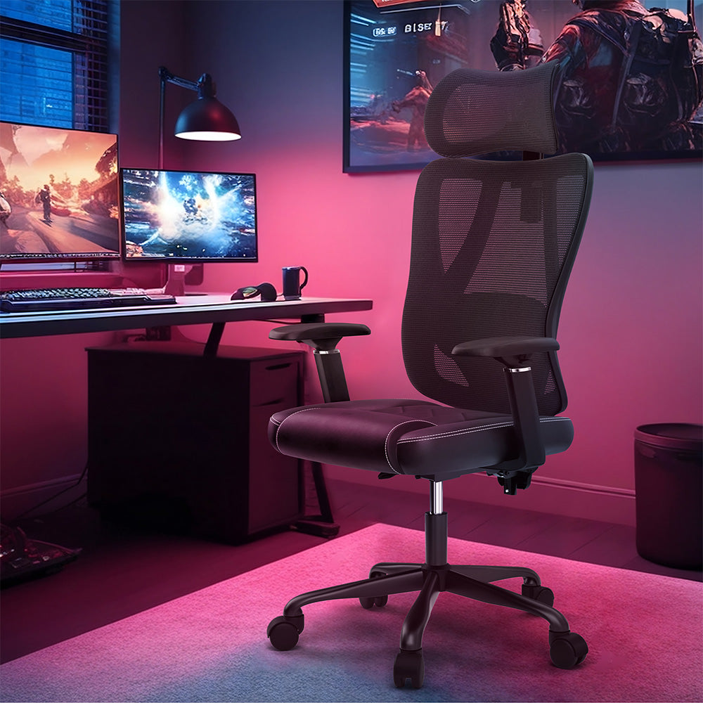 ACGAM CG-5455M Ergonomischer Gaming-Bürostuhl, PVC-Sitzkissen, verstellbare Armlehnen und Kopfstütze, 4D-Lendenwirbelstütze, synchronisierte Rückenlehne