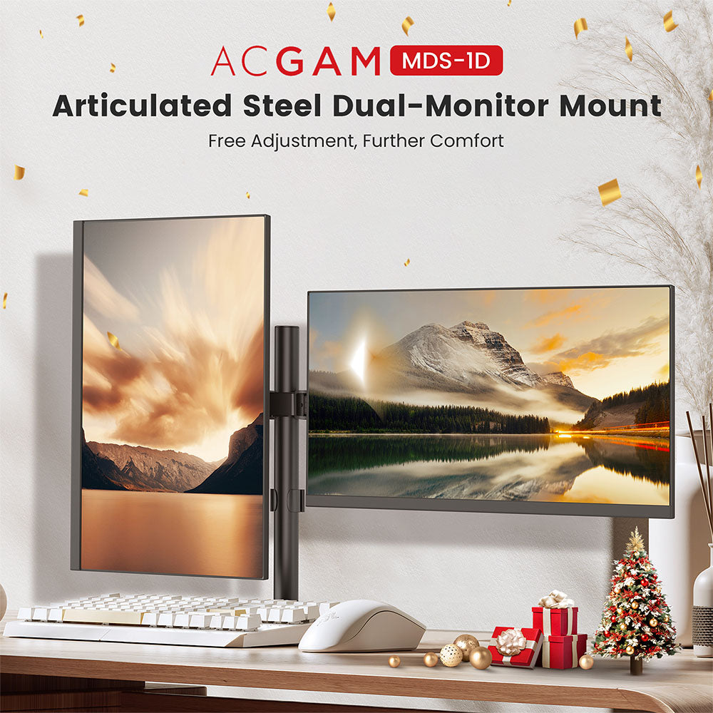 ACGAM MDS-1D Gelenkige Doppelmonitorhalterung aus Stahl mit flexiblem Winkel und Montage