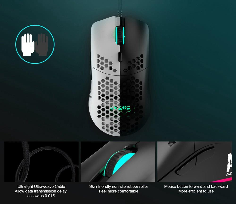 Ajazz AJ390 Ultralight Optical Wired Mouse Hollow-out RGB Light 16000 DPI Adjustable 7 keys - Black