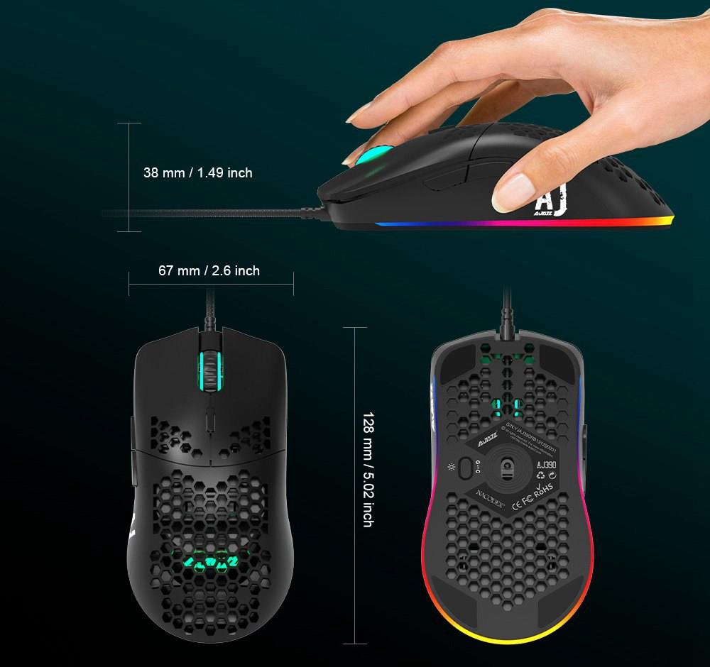 Ajazz AJ390 Ultralight Optical Wired Mouse Hollow-out RGB Light 16000 DPI Adjustable 7 keys - Black
