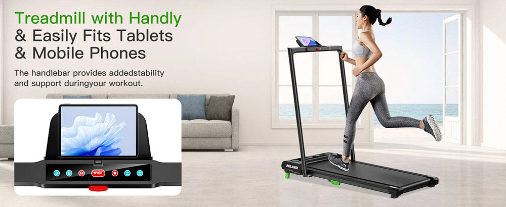 Akluer 480L-B Cinta de Andar Inclinada con Asa, Cinta de Correr de 2.5HP para Debajo del Escritorio, Pantalla LED y Control Remoto, Capacidad Máxima de 150 kg (330 lbs), Plegable