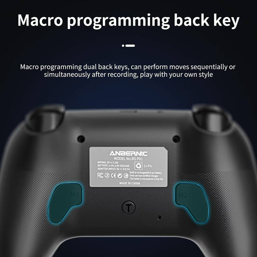 Mando para juegos ANBERNIC RG P01, gatillos y joystick con efecto Hall, giroscopio de seis ejes, conexión inalámbrica Bluetooth/2.4G/con cable, 9 horas de autonomía, compatible con PC, Switch, Android, iOS, Steam - Negro