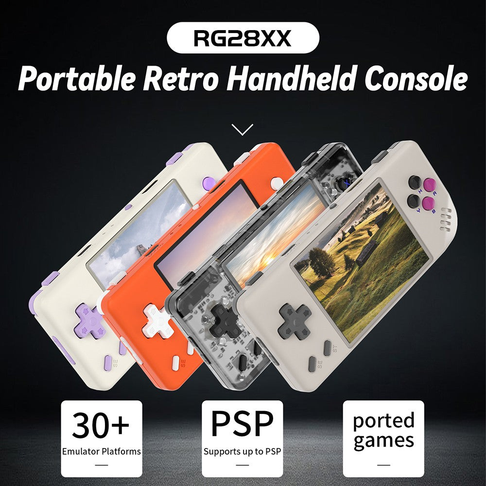 Consola de juegos ANBERNIC RG28XX, pantalla IPS de 2,83 pulgadas, tarjeta TF de 64 GB, más de 5000 juegos preinstalados, aplicaciones multimedia, 8 horas de tiempo de juego, salida HDMI - Negro transparente
