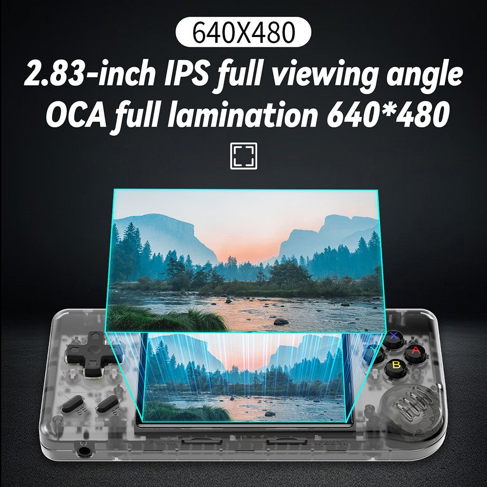 Consola de juegos ANBERNIC RG28XX, pantalla IPS de 2,83 pulgadas, tarjeta TF de 64 GB, más de 5000 juegos preinstalados, aplicaciones multimedia, 8 horas de tiempo de juego, salida HDMI - Negro transparente