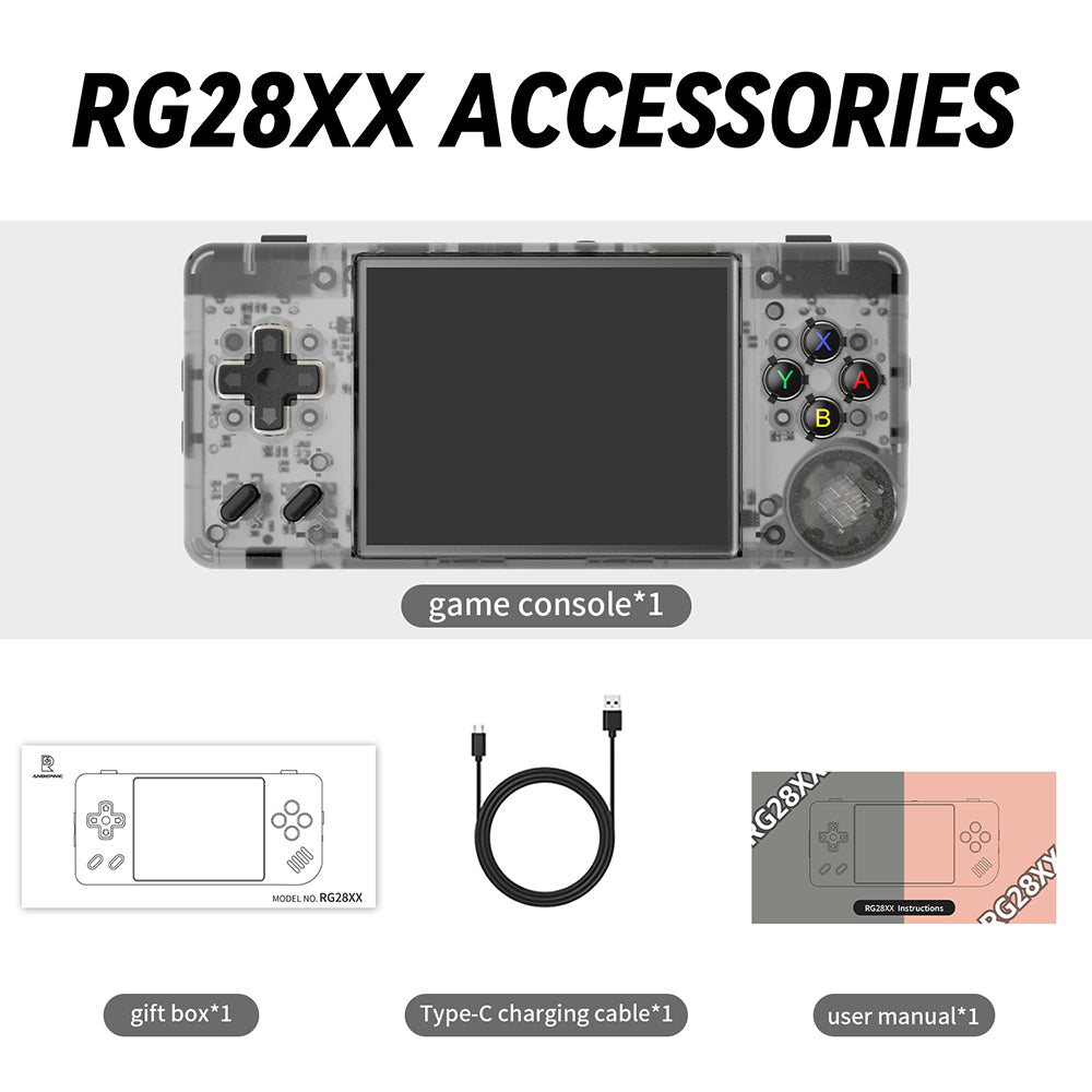 Consola de juegos ANBERNIC RG28XX, pantalla IPS de 2,83 pulgadas, tarjeta TF de 64 GB, más de 5000 juegos preinstalados, aplicaciones multimedia, 8 horas de tiempo de juego, salida HDMI - Negro transparente