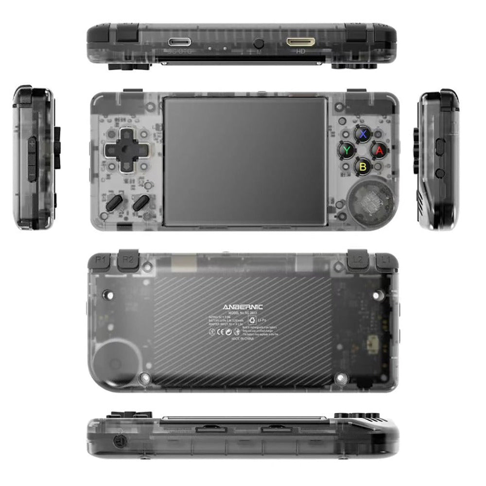 Consola de juegos ANBERNIC RG28XX, pantalla IPS de 2,83 pulgadas, tarjeta TF de 64 GB, más de 5000 juegos preinstalados, aplicaciones multimedia, 8 horas de tiempo de juego, salida HDMI - Negro transparente