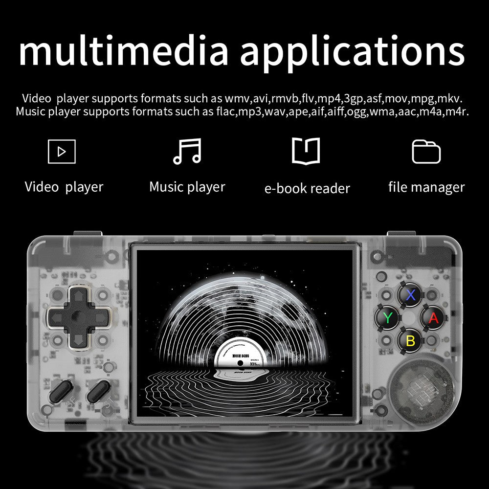 Consola de juegos ANBERNIC RG28XX, pantalla IPS de 2,83 pulgadas, tarjeta TF de 64 GB, más de 5000 juegos preinstalados, aplicaciones multimedia, 8 horas de tiempo de juego, salida HDMI - Negro transparente