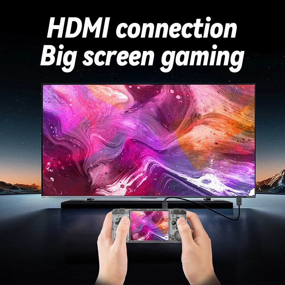 Consola de juegos ANBERNIC RG28XX, pantalla IPS de 2,83 pulgadas, tarjeta TF de 64 GB, más de 5000 juegos preinstalados, aplicaciones multimedia, 8 horas de tiempo de juego, salida HDMI - Negro transparente