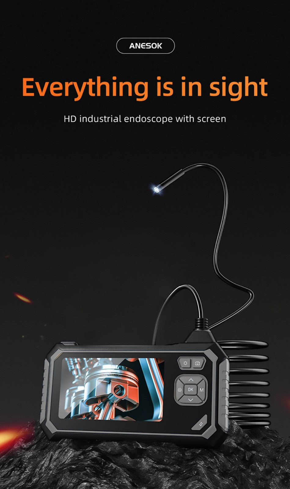 Endoscopio ANESOK 113B, pantalla IPS de 4,3 pulgadas, lente única, resolución 1080P, 6 luces LED ajustables, 3 horas de tiempo de funcionamiento, impermeable IP67, cable de 1 m - Naranja