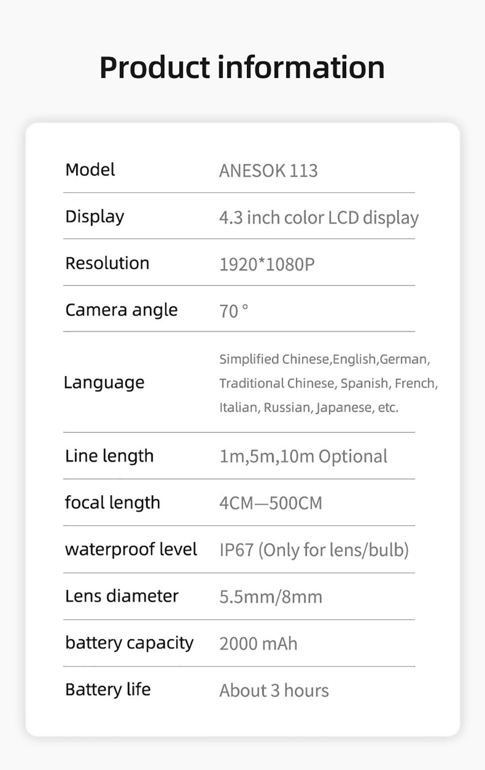 Endoscopio ANESOK 113B, pantalla IPS de 4,3 pulgadas, lente única, resolución 1080P, 6 luces LED ajustables, 3 horas de tiempo de funcionamiento, impermeable IP67, cable de 1 m - Naranja