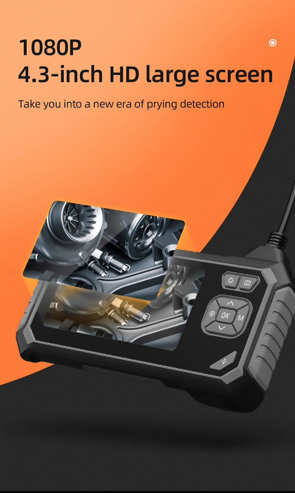 Endoscopio ANESOK 113B, pantalla IPS de 4,3 pulgadas, lente única, resolución 1080P, 6 luces LED ajustables, 3 horas de tiempo de funcionamiento, impermeable IP67, cable de 1 m - Naranja