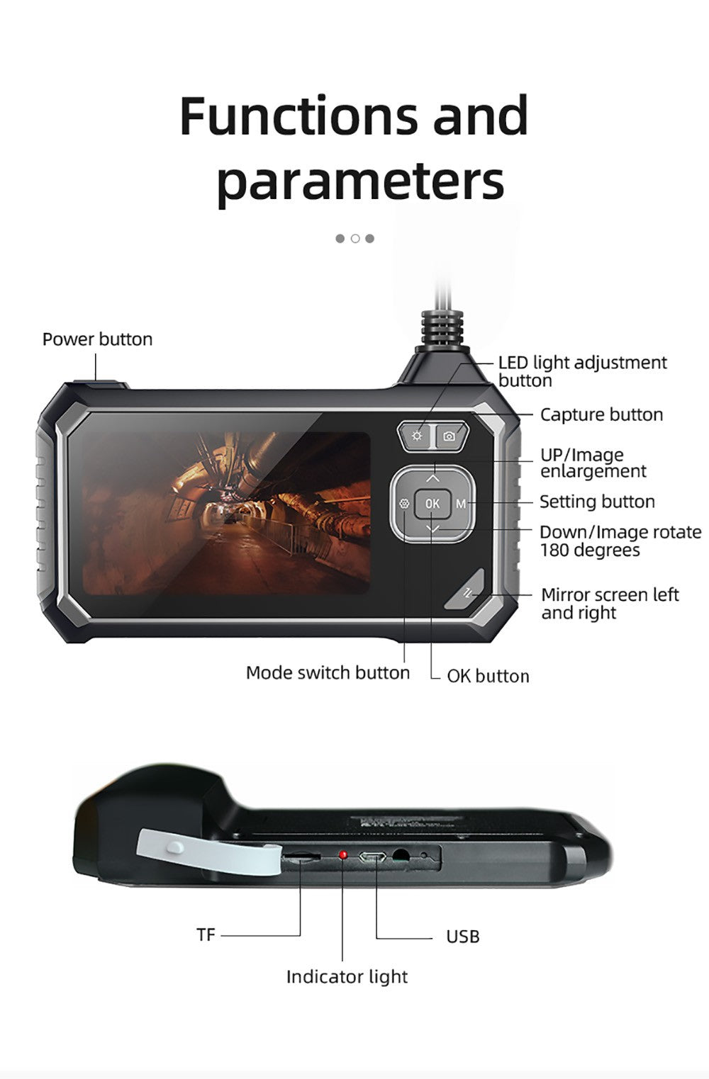 Endoscopio ANESOK 113B, pantalla IPS de 4,3 pulgadas, lente única, resolución 1080P, 6 luces LED ajustables, 3 horas de tiempo de funcionamiento, impermeable IP67, cable de 1 m - Naranja