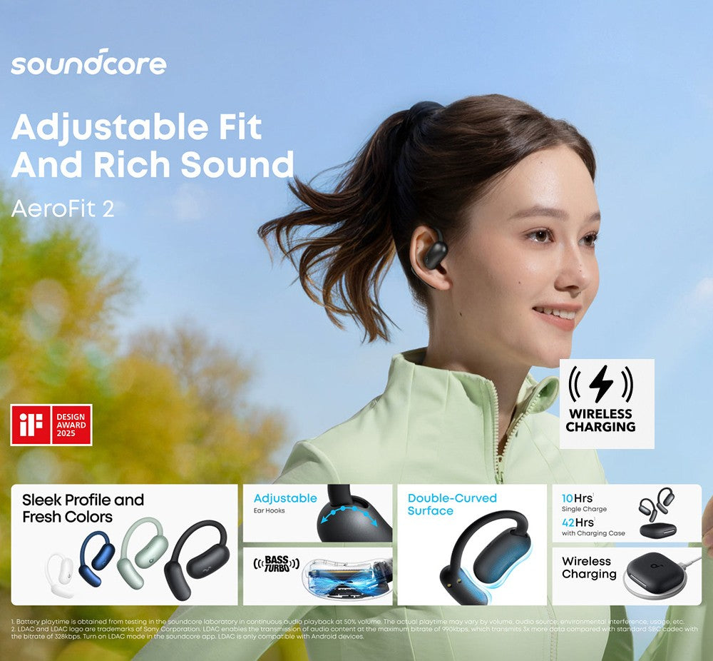 Anker Soundcore AeroFit 2 Open-Ear-Kopfhörer, kabellose Ohrhörer mit verstellbaren Ohrbügeln, Bluetooth 5.4, Hi-Res-Audio – Schwarz