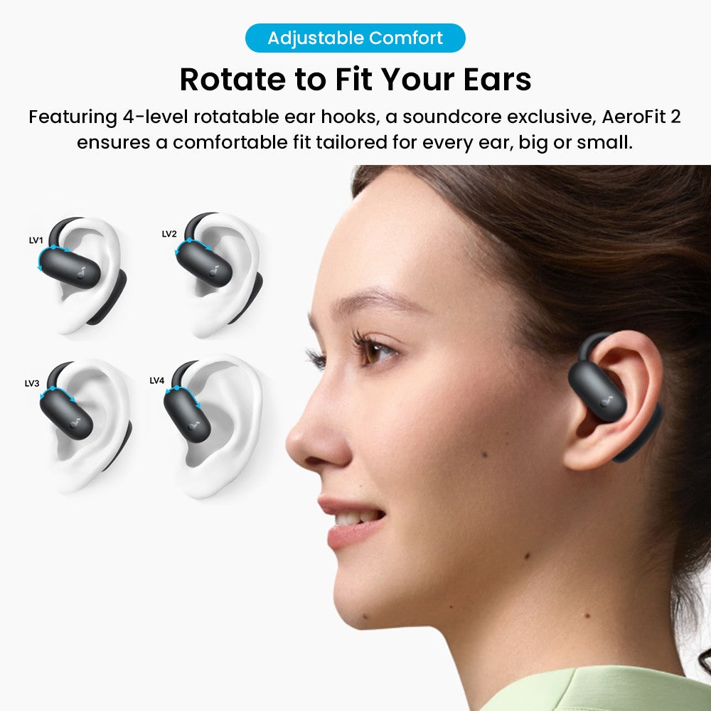 Anker Soundcore AeroFit 2 Open-Ear-Kopfhörer, kabellose Ohrhörer mit verstellbaren Ohrbügeln, Bluetooth 5.4, Hi-Res-Audio – Schwarz