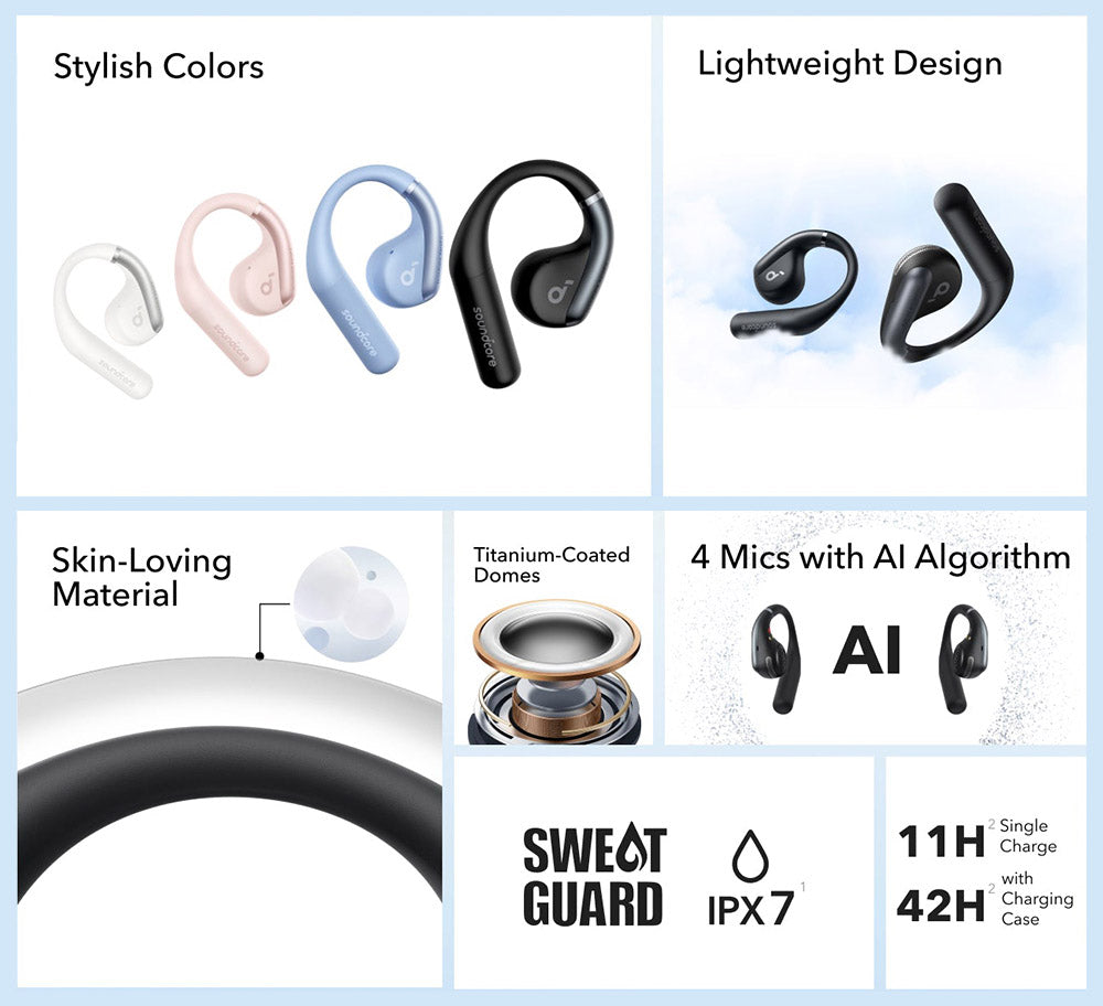Anker Soundcore AeroFit Open-Ear-Ohrhörer, ergonomischer Ohrbügel, wasserdicht (IPX7), App-Steuerung, bis zu 42 Stunden Akkulaufzeit – Blau