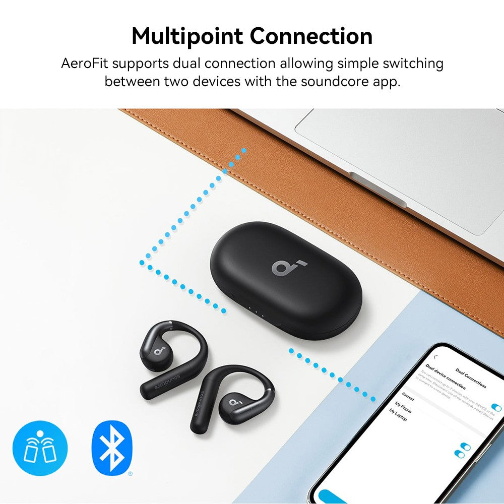 Anker Soundcore AeroFit Open-Ear-Ohrhörer, ergonomischer Ohrbügel, wasserdicht (IPX7), App-Steuerung, bis zu 42 Stunden Akkulaufzeit – Blau