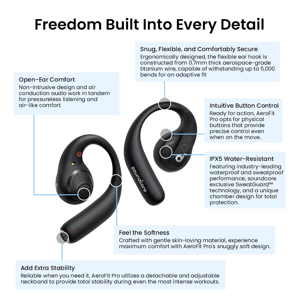 Anker Soundcore AeroFit Pro Ohrhörer mit offenem Ohr, Bluetooth 5.3, bis zu 46 Stunden Akkulaufzeit – Schwarz