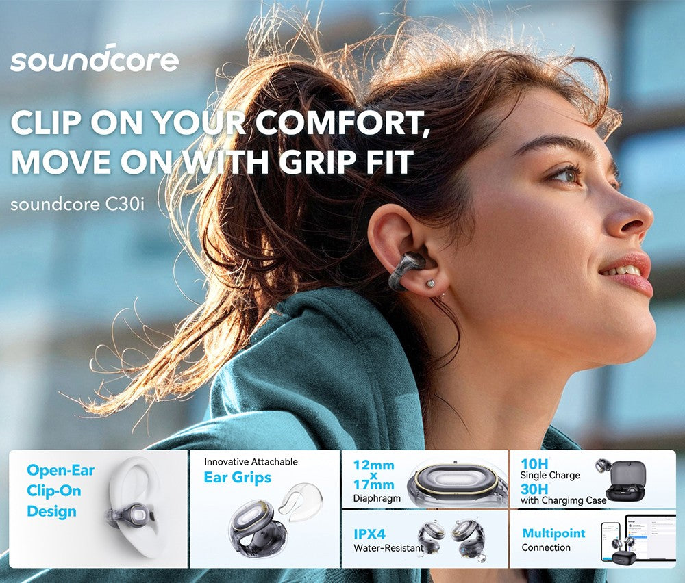Anker Soundcore C30i Ohrhörer mit Clip-On-Funktion, Bluetooth 5.3, IPX4 wasserabweisend, bis zu 30 Stunden Akkulaufzeit – Weiß