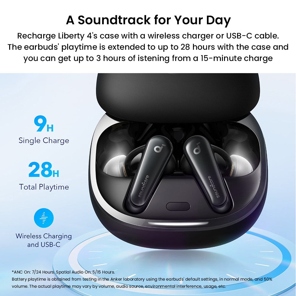 Anker Soundcore Liberty 4 True Wireless ANC-Ohrhörer, Hi-Res Wireless Audio, Spatial Audio mit zwei Modi, Herzfrequenzsensor – Schwarz