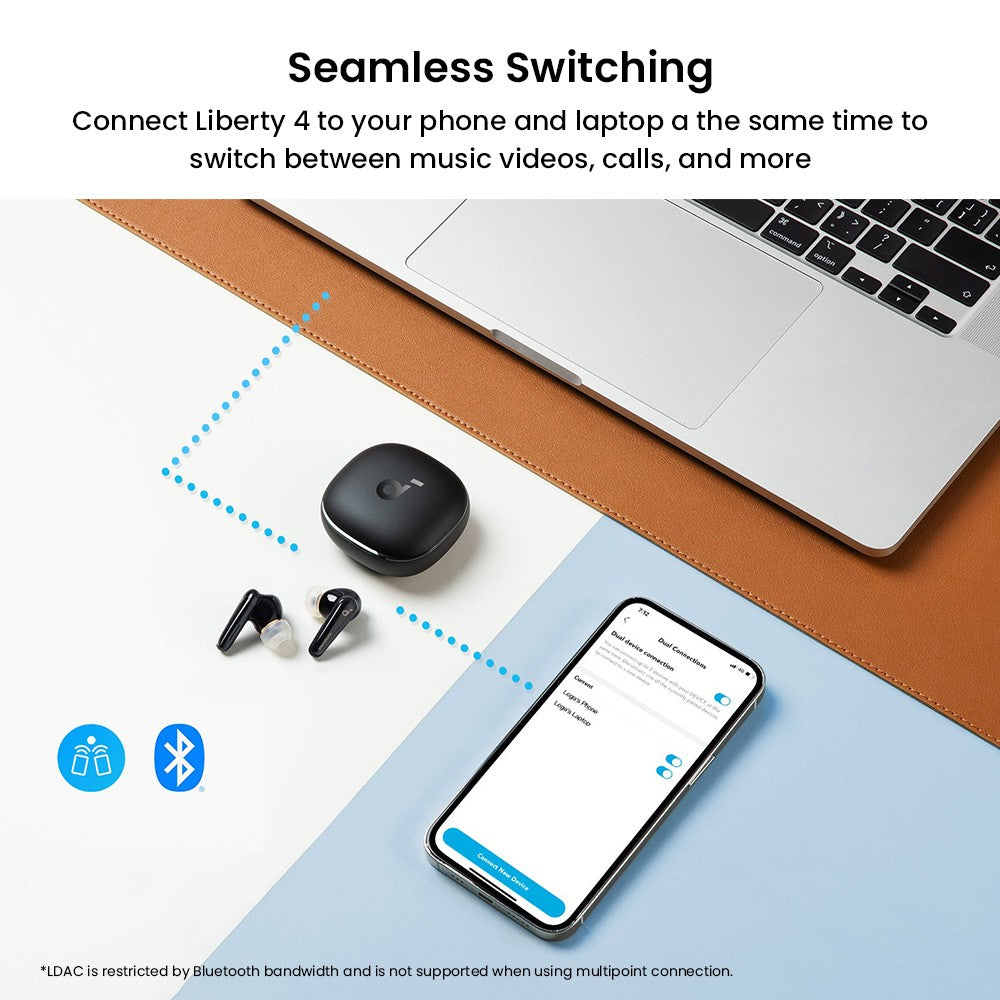 Anker Soundcore Liberty 4 True Wireless ANC-Ohrhörer, Hi-Res Wireless Audio, Spatial Audio mit zwei Modi, Herzfrequenzsensor – Schwarz