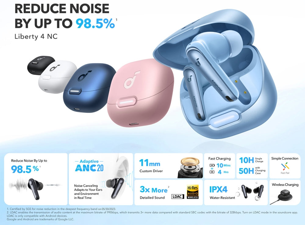 Soundcore Liberty 4 NC Ohrhörer (Wireless Wireless Stereo), adaptive Geräuschunterdrückung 2.0, Bluetooth 5.3, IPX4 wasserdicht, Schnellladefunktion – Weiß