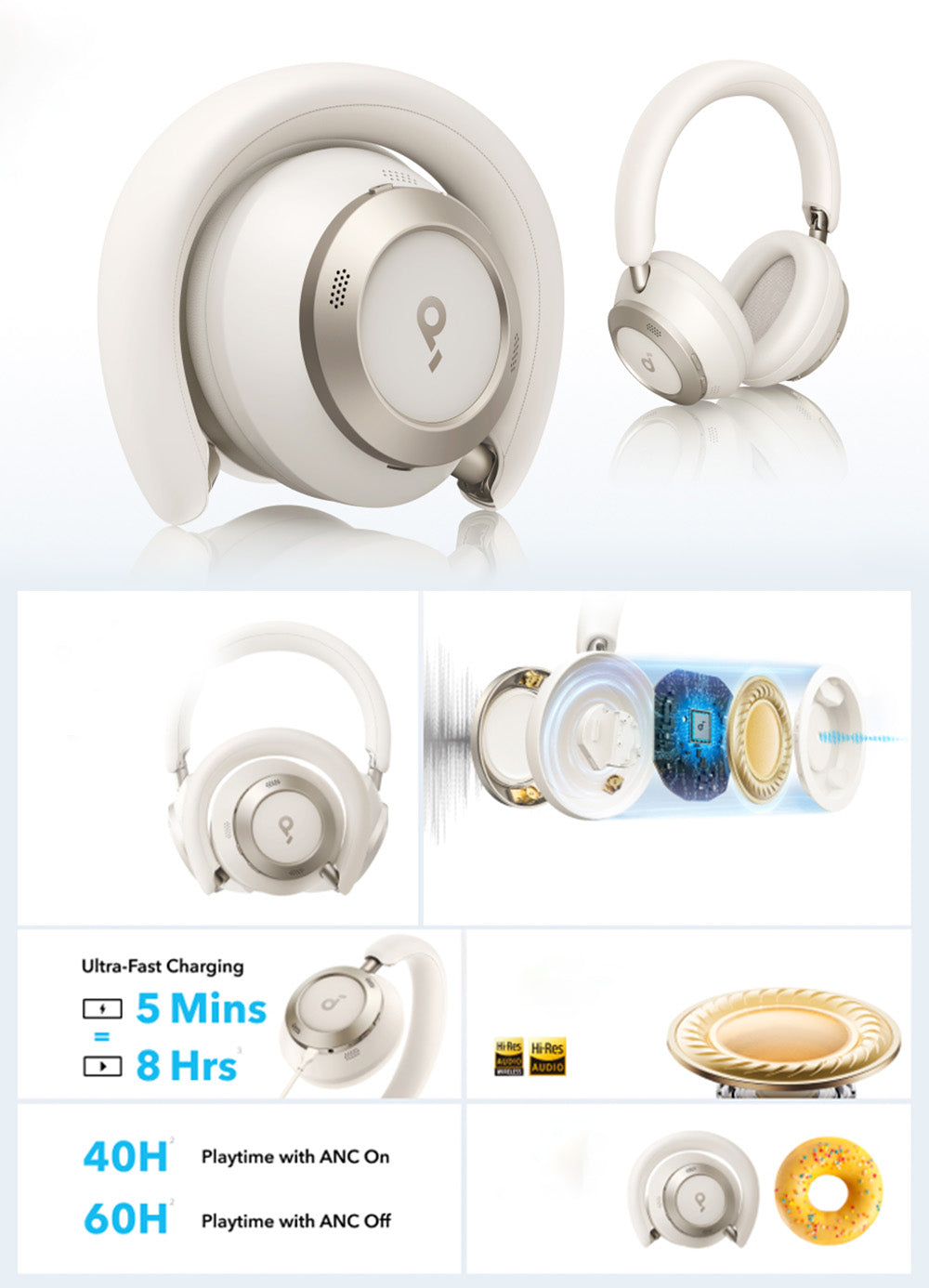 Anker Soundcore Space One Pro Kopfhörer, adaptive Geräuschunterdrückung (ANC), 40 Stunden Akkulaufzeit (ANC an), hochauflösendes kabelloses Audio, ultraschnelles Laden – Schwarz