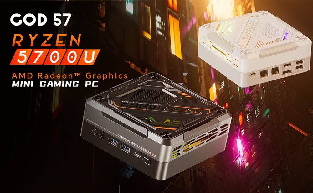 Mini PC GOD57, AMD Ryzen 7 5700U 8 núcleos hasta 4,3 GHz, 32 GB de RAM, SSD de 1 TB, WiFi 6, Bluetooth 5.2, HDMI/DP/Tipo-C 4K@60Hz triple pantalla, 2*USB 3.2, 2*USB 2.0, 1*RJ45 1000M, 1*RJ45 2.5G, 1*conector para auriculares de 3,5 mm, luz RGB, carga de 65 W - Enchufe UE