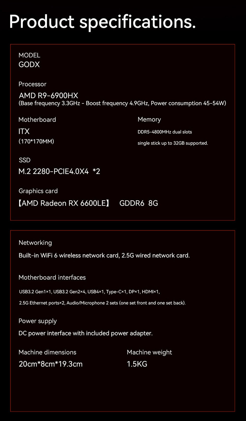 AOOSTAR GODX Gaming Mini PC with Discrete GPU, AMD Ryzen 9 6900HX CPU 8 Core 4.9GHz, AMD Radeon RX 6600LE GPU 8GB 128bit, 32GB RAM 1TB SSD, WiFi6, 2*2.5G LAN, 5*USB3.2, 1*USB4, 1*Type-C, 1*DP, 1*HDMI, 2*Headphone Jack, 2*Microphone Port - EU Plug