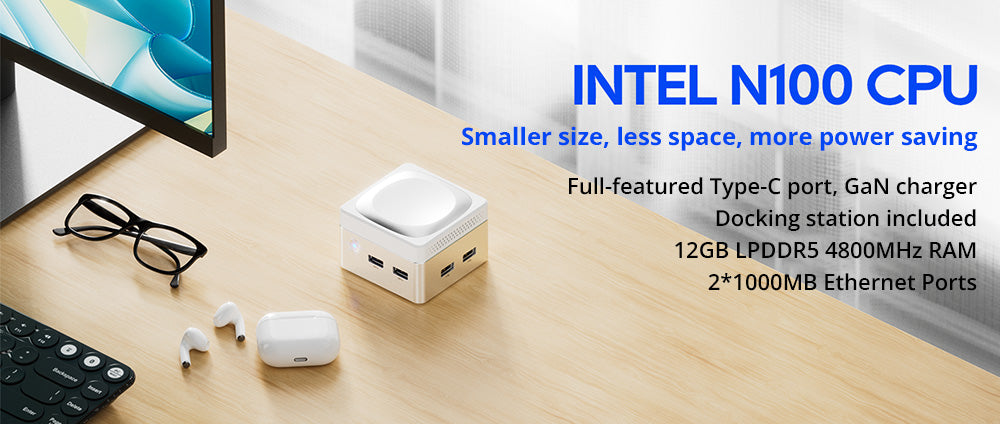 AOOSTAR T8 Mini PC (Estación de acoplamiento gratuita), Intel N100 4 núcleos máx. 3,4 GHz, 12 GB de RAM LPDDR5, SSD de 256 GB, admite pantalla dual 4K a 60 Hz, WiFi de doble banda, 1*Type-C con todas las funciones, 2*USB3.0, 2*USB2.0, 1*HDMI, 2*LAN de 1000 Mbps, 1*conector de audio, cargador GaN de 35 W.
