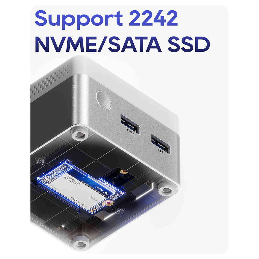 AOOSTAR T8 Mini PC (Estación de acoplamiento gratuita), Intel N100 4 núcleos máx. 3,4 GHz, 12 GB de RAM LPDDR5, SSD de 256 GB, admite pantalla dual 4K a 60 Hz, WiFi de doble banda, 1*Type-C con todas las funciones, 2*USB3.0, 2*USB2.0, 1*HDMI, 2*LAN de 1000 Mbps, 1*conector de audio, cargador GaN de 35 W.