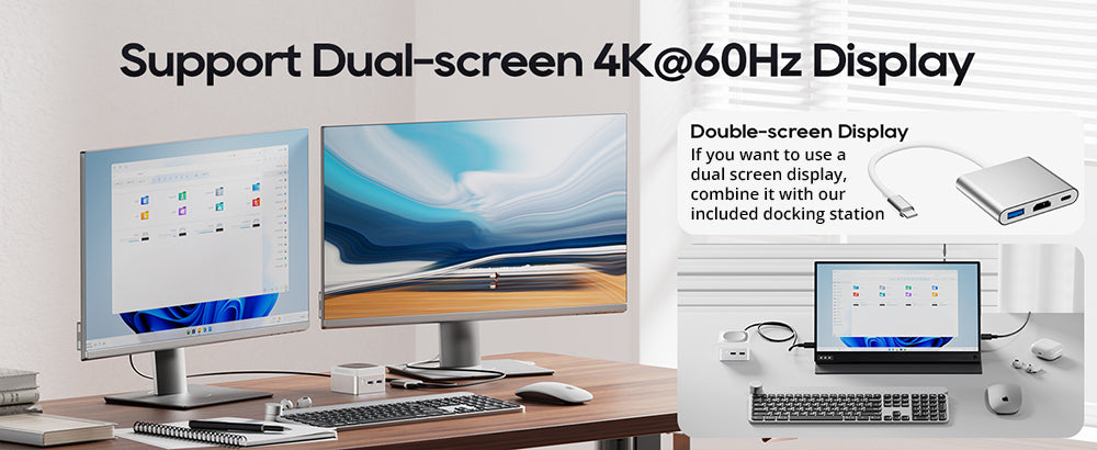 AOOSTAR T8 Mini PC (Estación de acoplamiento gratuita), Intel N100 4 núcleos máx. 3,4 GHz, 12 GB de RAM LPDDR5, SSD de 256 GB, admite pantalla dual 4K a 60 Hz, WiFi de doble banda, 1*Type-C con todas las funciones, 2*USB3.0, 2*USB2.0, 1*HDMI, 2*LAN de 1000 Mbps, 1*conector de audio, cargador GaN de 35 W.