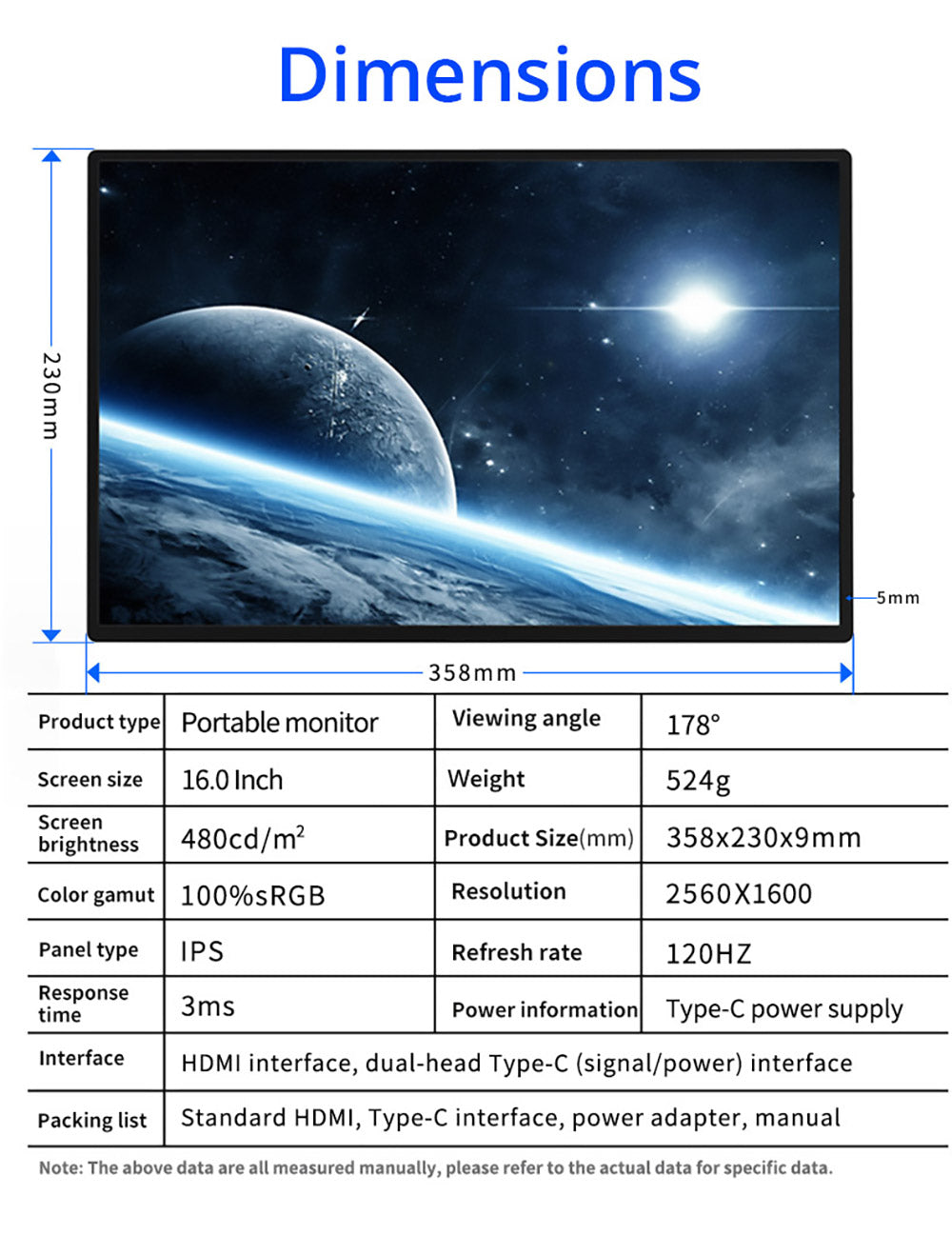 Monitor Portátil AOSIMAN 160QC de 16 Pulgadas, 2.5K 144Hz, 2560*1600 16:10, 100% sRGB, 480 Cd/m², Pantalla para Juegos.