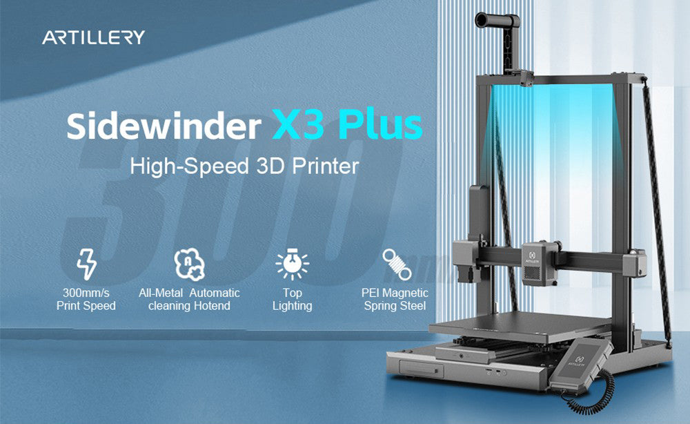 Impresora 3D Artillery Sidewinder X3 Plus, autonivelación, velocidad máxima de impresión de 300 mm/s, extrusor directo de doble engranaje, boquilla de limpieza automática, placa base STM32 de 32 bits, iluminación superior, 300x300x400 mm.