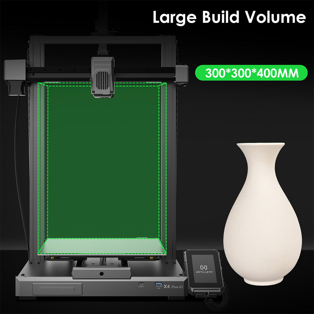 Artillery Sidewinder X4 Plus S1 3D Printer, 300*300*400mm, 500mm/s Print Speed, 300℃ High-temp Printing, XY-Metal Linear Guide Rail, Auto Levelling, 8000rpm Efficient Cooling Fans