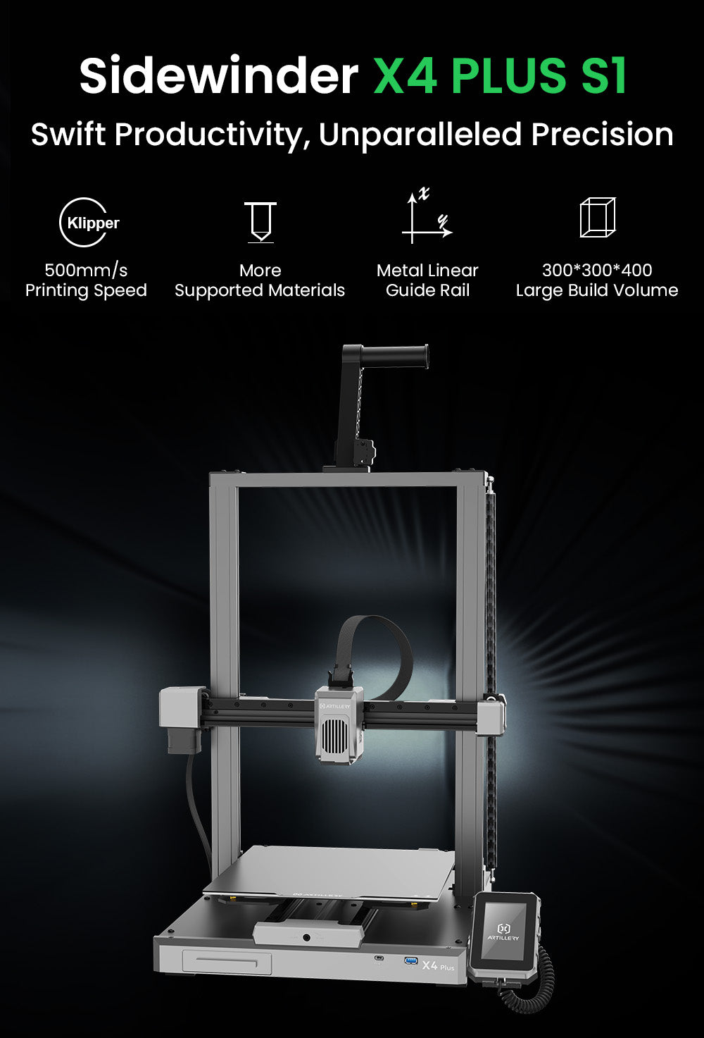 Impresora 3D Artillery Sidewinder X4 Plus S1, 300*300*400mm, velocidad de impresión 500mm/s, impresión a alta temperatura 300℃, guía lineal metálica XY, nivelación automática, ventiladores de refrigeración eficientes de 8000 rpm.