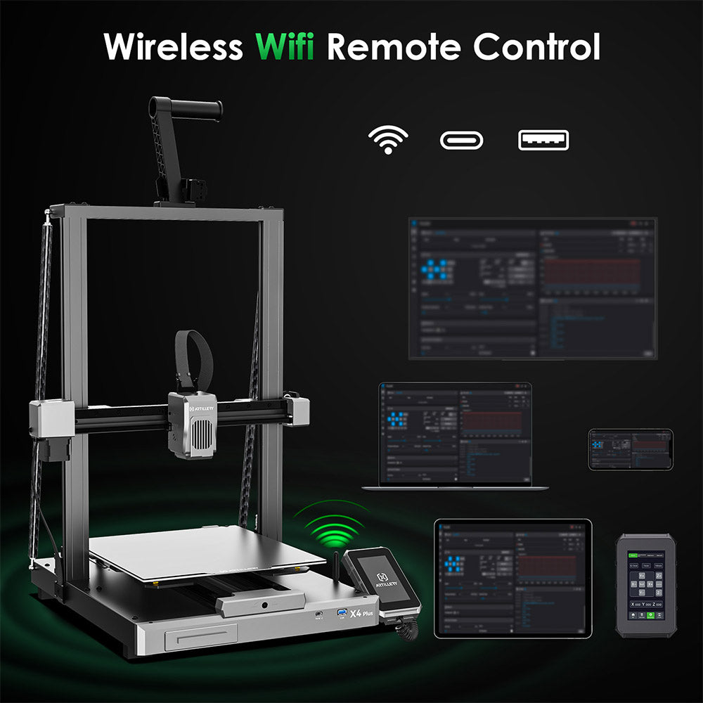Impresora 3D Artillery Sidewinder X4 Plus S1, 300*300*400mm, velocidad de impresión 500mm/s, impresión a alta temperatura 300℃, guía lineal metálica XY, nivelación automática, ventiladores de refrigeración eficientes de 8000 rpm.